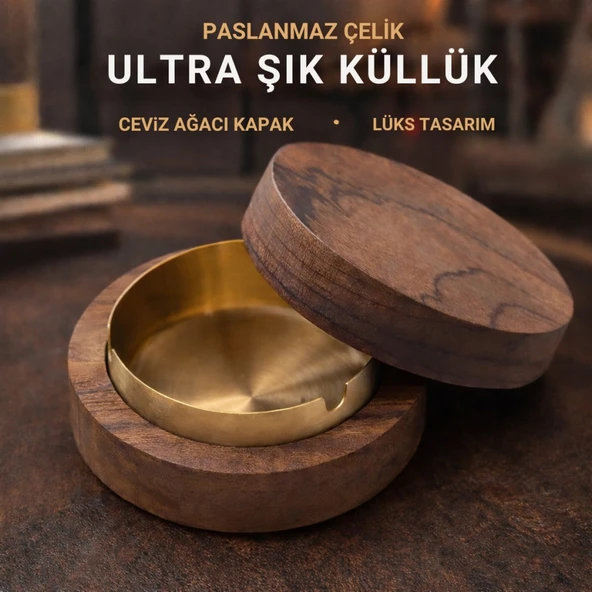 Polham Paslanmaz Çelik Yuvarlak Ultra Şık Küllük, Kapaklı Ceviz Ağacı Paslanmaz Çelik Kül Tablası ürün görseli 1