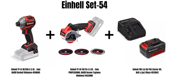 Einhell Set-54 (TP-CI 18/250-C Li BL - Solo Akülü Darbeli Vidalama+TP-CO 18/76-C Li BL PROFESSIONAL Akülü Kesme Taşlama Makinesi+Einhell 18V 4,0 Ah PXC Starter Kit, Akü & Şarj Cihazı) ürün görseli 1