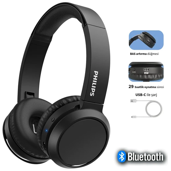 Philips Mikrofonlu Bluetooth 5.0 Kulak Üstü Kulaklık 29 Saat Pil Hızlı Şarj Katlanabilir Güçlü Bas Hafif Gövde Günlük Ofis Siyah TAH4205BK ürün görseli 1