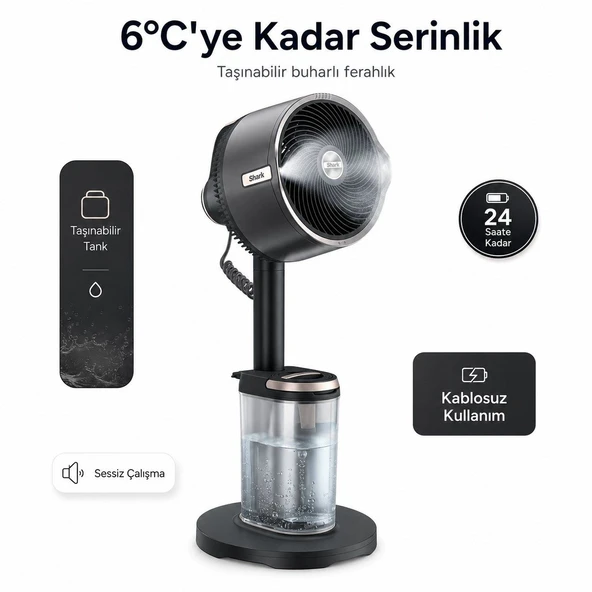 Shark Taşınabilir buharlı fan & Vantilatör siyah 36 W, iç ve dış mekan uyumlu, uzaktan kumandalı, 3 kollu güçlü hava akışı ve günlük kullanım için serinletici mist konforu ürün görseli 1
