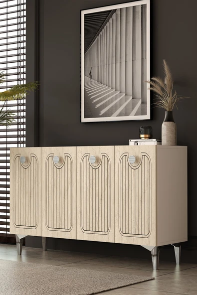 Dekortis Home Dekor 120DHDK3BTG HERA LAZER DESENLİ KONSOL ve TV SEHPASI, ÜNİTESİ BEYAZ-TRAVERTEN-GÜMÜŞ ürün görseli 1