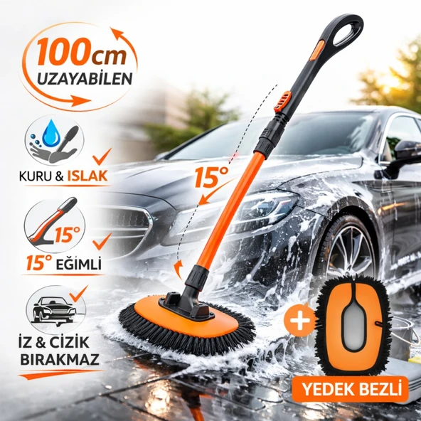 Polham 100CM Uzayabilen Teleskopik Saplı Kuru Islak Araç Temizleme Fırçası, İz ve Çizik Bırkaz Fırça, Yedek Bezli ürün görseli 1
