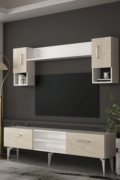 Dekortis Home Dekor 180DHDTÜR2BTG EROS TV ÜNİTESİ TAKIM BEYAZ-TRAVERTEN-GÜMÜŞ ürün görseli 1