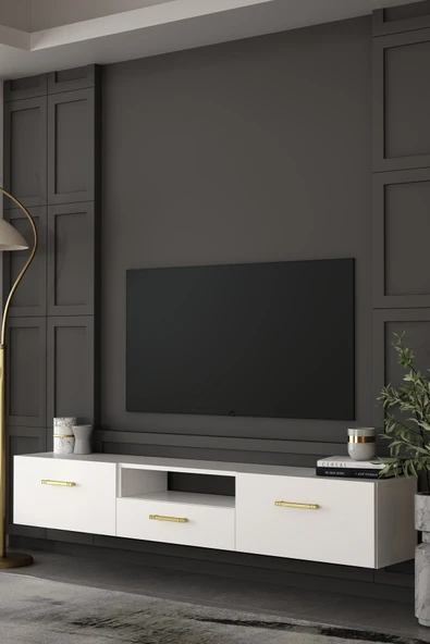 Dekortis Home Dekor 180DHDTDAÇ2BA EROS DUVARA MONTE TV SEHPASI,ÜNİTESİ BEYAZ-ALTIN ürün görseli 1