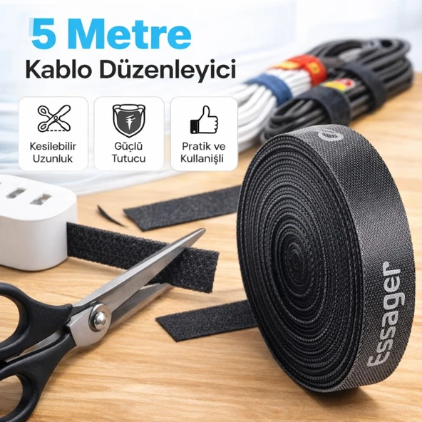 Essager 5 Metre Cırt Cırt Bantlı Kablo Sarıcı Düzenleyici Organizatör, Kesilebilir Kablo Düzenleyici ürün görseli 1