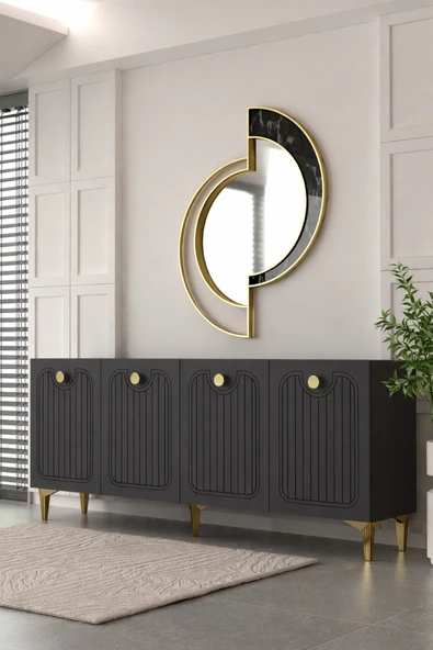 Dekortis Home Dekor 180DHDK3AA HERA LAZER DESENLİ KONSOL ve TV SEHPASI, ÜNİTESİ ANTRASİT-ALTIN ürün görseli 1