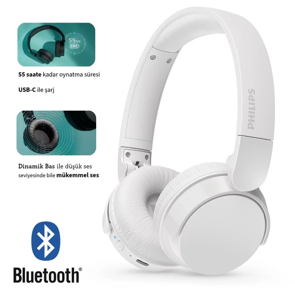 Philips Bluetooth 5.3 Mikrofonlu Kulak Üstü Kulaklık 55 Saat Uzun Pil Katlanabilir Güçlü Bas Hafif Gövde Günlük Ofis Beyaz TAH4209WT ürün görseli 1