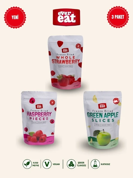 Evereat Çilek-Frambuaz-Elma Freeze Dry Meyve Cipsi 3'lü Paket Gurme Atıştırmalık ürün görseli 1