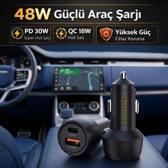 Polham 48W Süper Hızlı Type C ve USB Girişli Araç İçi Şarj Cihazı, PD 30W + QC 18W Çift Port 12V/24V ürün görseli 1