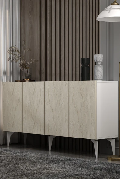 Dekortis Home Dekor KA150A1BTG SADEM KONSOL ve TV SEHPASI, ÜNİTESİ BEYAZ-TRAVERTEN-GÜMÜŞ ürün görseli 1