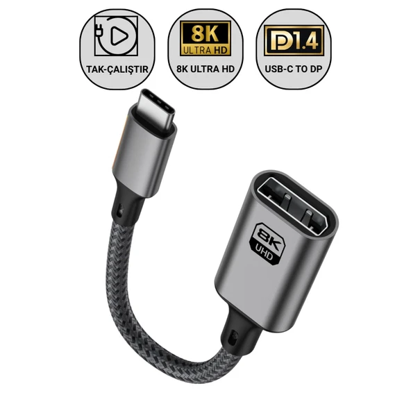 Polham Type C To Displayport Adaptör 8K UHD 60Hz | Dayanıklı Örgü Kablo | Tak-Çalıştır 8K DP Kablosu ürün görseli 1