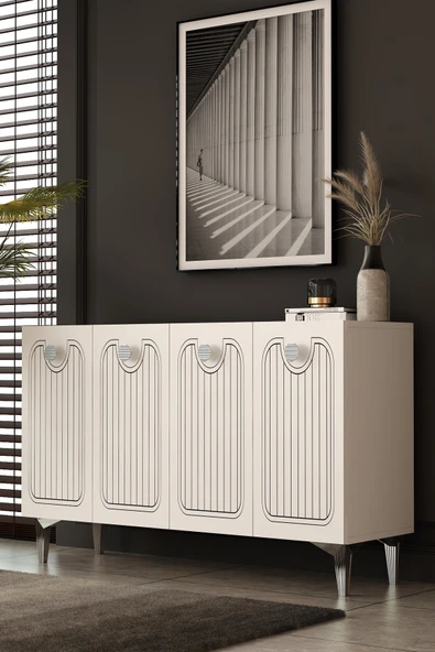 Dekortis Home Dekor 120DHDK3BG HERA LAZER DESENLİ KONSOL ve TV SEHPASI, ÜNİTESİ BEYAZ-GÜMÜŞ ürün görseli 1