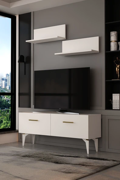 Dekortis Home Dekor 120DHDTÜR2BA EROS RAFLI TV SEHPASI,ÜNİTESİ BEYAZ-ALTIN ürün görseli 1