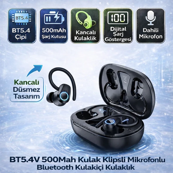 Polham BT5.4 Kancalı Mikrofonlu Bluetooth Kulaklık 500mAh Şarj Kutulu Dijital Göstergeli Spor Kulaklık ürün görseli 1