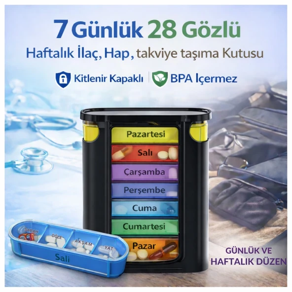 Polham 7 Günlük 28 Bölmeli Haftalık İlaç Kutusu – Kilitli Kapak, BPA İçermez, Günlük Takviye Düzenleyici ürün görseli 1