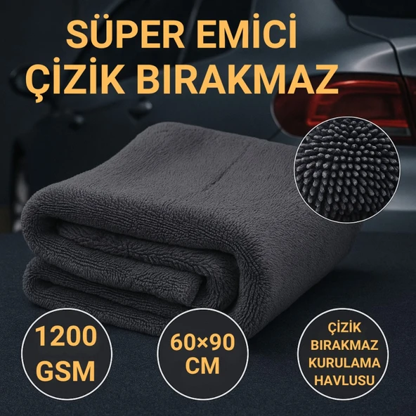 Polham XL 60X90CM 1200GSM Süper Su Emici Özellikli Mikrofiber Araç Kurulama Havlusu, Çizik ve İz Bırakmaz Bez ürün görseli 1