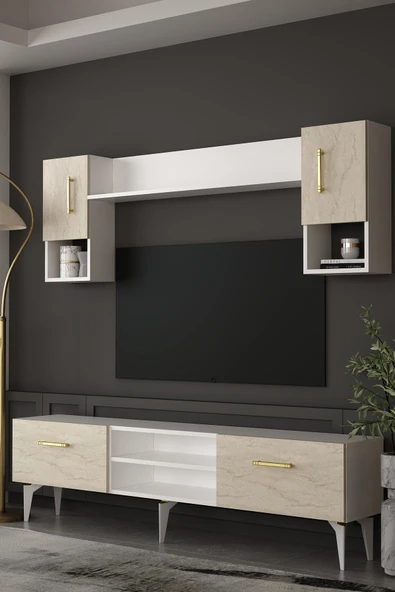Dekortis Home Dekor 180DHDTÜR2BTA EROS TV ÜNİTESİ TAKIM BEYAZ-TRAVERTEN-ALTIN ürün görseli 1