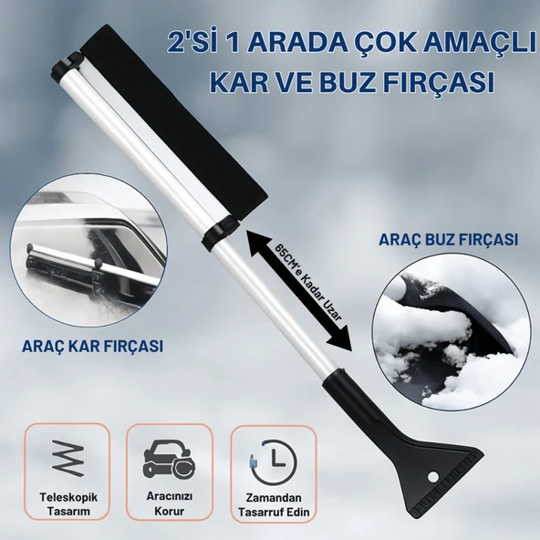 Polham Alüminyum 2in1 65 CM Uzayabilen Teleskopik Kar ve Buz Fırçası Kar Temizleme Fırçası + Buz Kazıyıcı ürün görseli 1