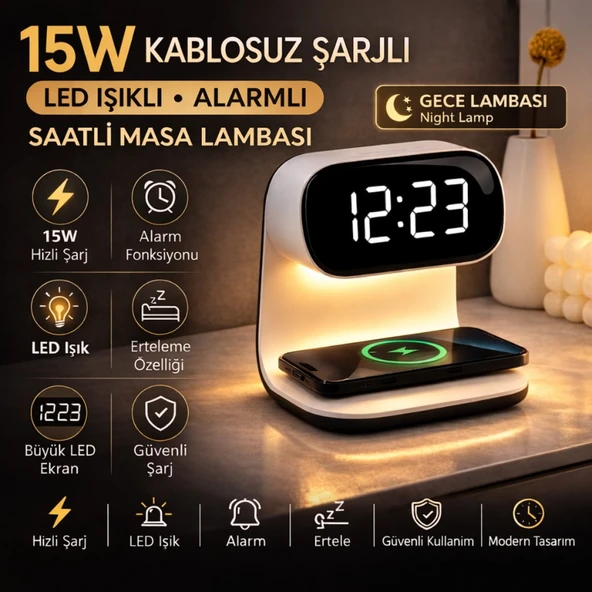 Polham 15W Kablosuz Şarjlı LED Masa Lambası Saat | Alarm Özellikli Dijital Saat | Gece Lambası | LED Ekran ürün görseli 1