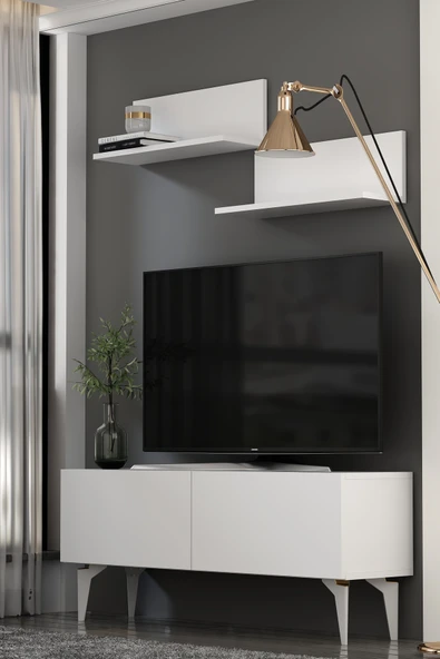 Dekortis Home Dekor 120DHDTÜR1BA SADEM RAFLI TV SEHPASI,ÜNİTESİ BEYAZ-ALTIN ürün görseli 1