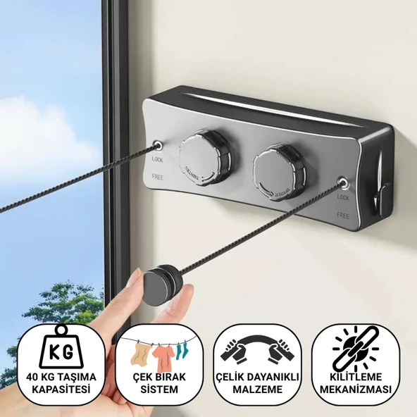 Polham 5.1 Metre Uzayabilir Çift Halatlı Çelik Dayanıklı Çek-Bırak Çamaşır İpi, 40 KG Taşıma Kapasiteli ürün görseli 1