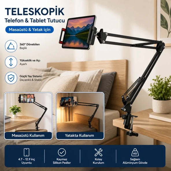 Polham Teleskopik Masaüstü ve Yatak Bazası için Telefon ve Tablet Tutucu Stand, Yükseklik ve Açı Ayarlı Tablet Tutucu ürün görseli 1