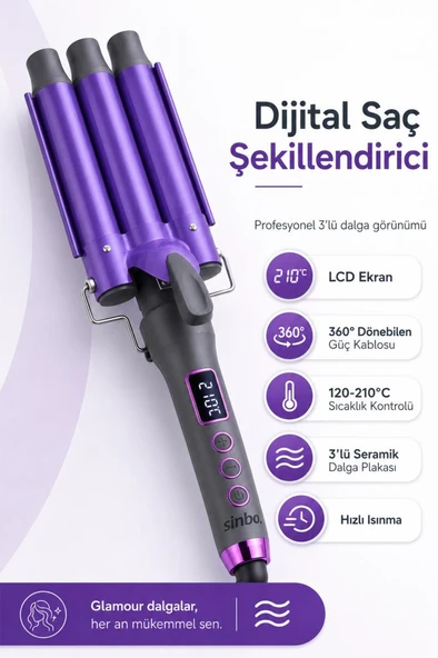 Sinbo SHD 1701 Dijital Su Dalgası Saç Maşası LCD Ekranlı 3’lü Seramik 25 mm Saç Şekillendirici ürün görseli 1