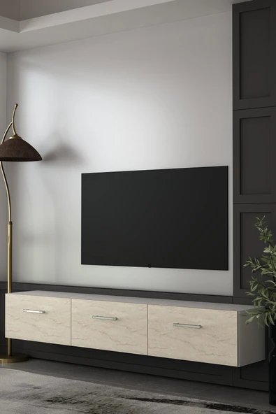 Dekortis Home Dekor 180DHDTDA2BTG EROS DUVARA MONTE TV SEHPASI,ÜNİTESİ BEYAZ-TRAVERTEN-GÜMÜŞ ürün görseli 1