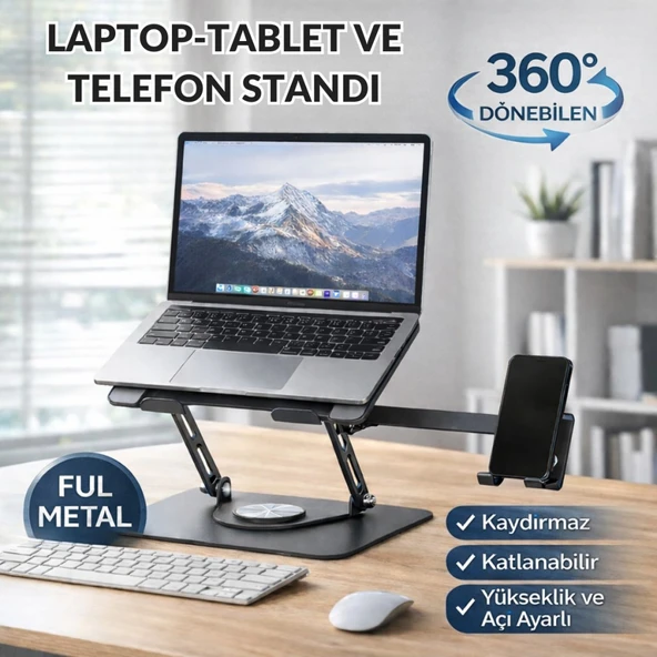 Polham 360 Dönebilen Full Metal Laptop Tablet Telefon Standı – Katlanabilir, Kaydırmaz, Yükseklik ve Açı Ayarlı Ergonomik Masaüstü Stand ürün görseli 1