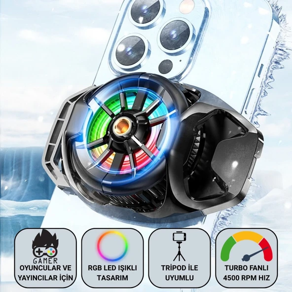 Polham Oyuncular ve Yayıncılar İçin Telefon Soğutucu | RGB LED Işıklı Tasarım | 4500 RPM Turbo Fan | Tripod Uyumlu Sessiz Soğutma ürün görseli 1