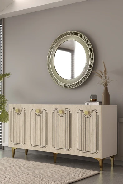 Dekortis Home Dekor 150DHDK3BTA HERA LAZER DESENLİ KONSOL ve TV SEHPASI, ÜNİTESİ BEYAZ-TRAVERTEN-ALTIN ürün görseli 1
