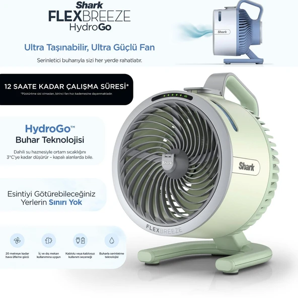 Shark Taşınabilir buharlı mini fan & vantilatör yeşil, şarjlı kablosuz kullanım, 5 hız kademesi, 150 ml hazne, açık alan ve ev için sessiz kompakt taşınabilir serinletici çözüm ürün görseli 1