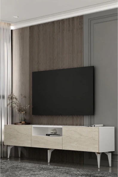 Dekortis Home Dekor 180DHDTSÇ1BTA SADEM TV SEHPASI,ÜNİTESİ BEYAZ-TRAVERTEN-ALTIN ürün görseli 1