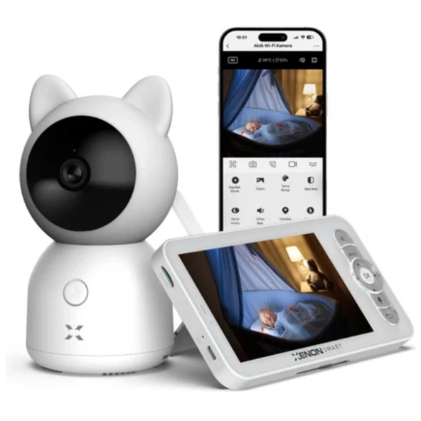 Xenon Smart Akıllı Bebek Kamerası 3MP 5 inç LCD Monitör, 360 Derece Mobil Kontrol, Ninni, Hareket Algılama, Gece Görüş, Telsiz ürün görseli 1