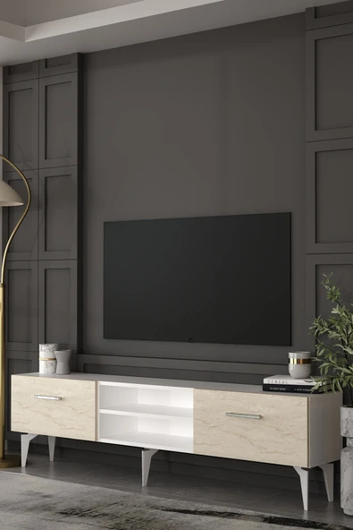 Dekortis Home Dekor 180DHDTSR2BTG EROS TV SEHPASI,ÜNİTESİ BEYAZ-TRAVERTEN-GÜMÜŞ ürün görseli 1