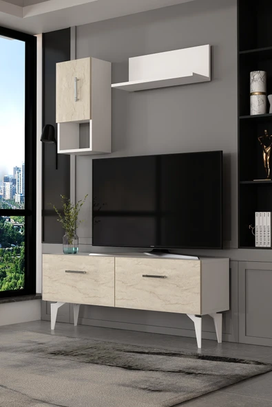 Dekortis Home Dekor 120DHDTDR2BTG EROS RAFLI TV SEHPASI,ÜNİTESİ BEYAZ-TRAVERTEN-GÜMÜŞ ürün görseli 1