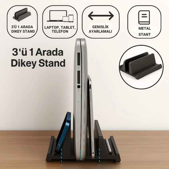 Polham 3in1 Arada Ayarlanabilir Metal Dikey Laptop Standı – Laptop, Tablet ve Telefon Tutucu,Ayarlanabilir Genişlikli ürün görseli 1
