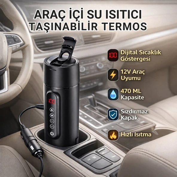Polham Araç İçi Su Isıtıcı 470 ML – Dijital Sıcaklık Göstergeli Taşınabilir Termos | 12V Çakmaklık Uyumlu, Hızlı Isıtma, Sızdırmaz Kapak ürün görseli 1