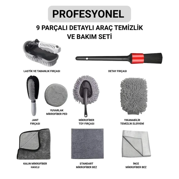Polham Profesyonel 9 Parçalı Araba, Motorsiklet İçin Detaylı  Araç Temizlik ve Bakım Seti, İç ve Dış Bakım Seti ürün görseli 1