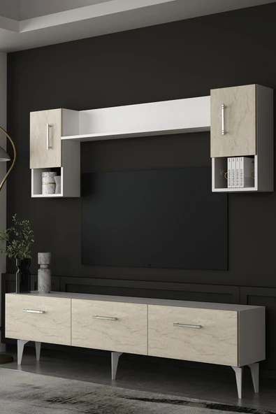 Dekortis Home Dekor 180DHDTÜ2BTG EROS TV ÜNİTESİ TAKIMI BEYAZ-TRAVERTEN-GÜMÜŞ ürün görseli 1