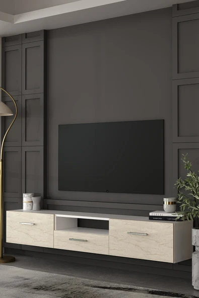 Dekortis Home Dekor 180DHDTDAÇ2BTG EROS DUVARA MONTE TV SEHPASI,ÜNİTESİ BEYAZ-TRAVERTEN-GÜMÜŞ ürün görseli 1