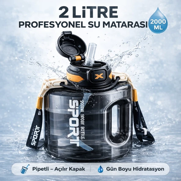 Polham 2 Litre Sporcu Su Matarası – Pipetli Açılır Kapak,Taşıma Askılı,Sızdırmaz Tasarım, BPA İçermez ürün görseli 1