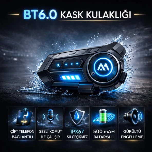 Polham BT6.0 Intercom Kask Kulaklık – IPX67 Su Geçirmez, Gürültü Engelleme, Çift Telefon Destekli, 500Mah Şarjlı ürün görseli 1