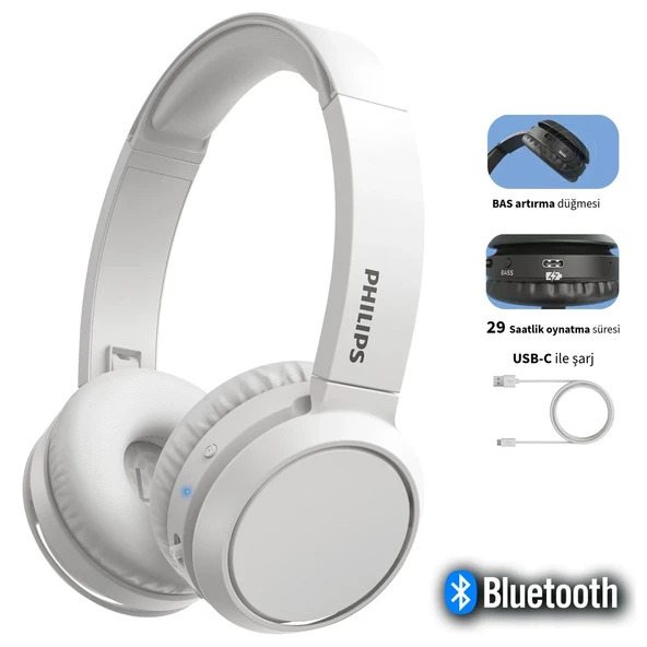 Philips Mikrofonlu Bluetooth 5.0 Kulak Üstü Kulaklık 29 Saat Pil Hızlı Şarj Katlanabilir Güçlü Bas Hafif Gövde Günlük Ofis Beyaz TAH4205WT ürün görseli 1