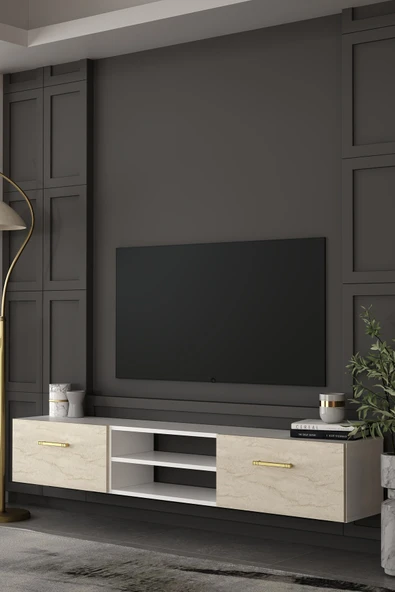 Dekortis Home Dekor 180DHDTDAR2BTA EROS DUVARA MONTE TV SEHPASI,ÜNİTESİ BEYAZ-TRAVERTEN-ALTIN ürün görseli 1