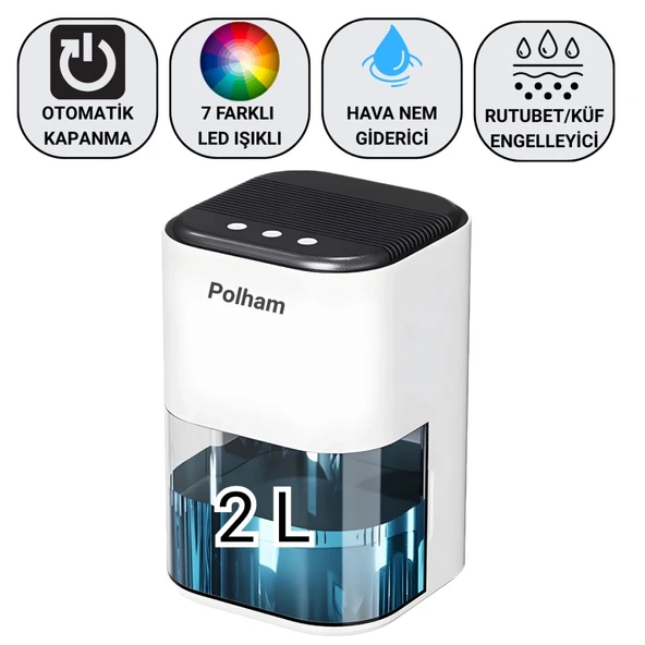 Polham Otomatik 2 Litre Banyo,Mutfak, Çamaşır Odası İçin Nem Alma Cihazı, Rutubet, Küf ve Nem Engelleyici ürün görseli 1