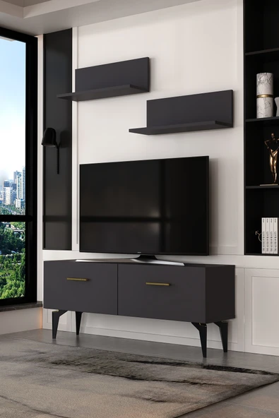 Dekortis Home Dekor 120DHDTÜR2AA EROS RAFLI TV SEHPASI,ÜNİTESİ ANTRASİT-ALTIN ürün görseli 1