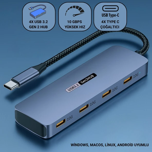 Polham 4in1 USB Type-C 4 Portlu USB 3.2 Gen 2 Hub ,10 Gbps Type C Çoğaltıcı, Tüm Sistemler İle Uyumlu ürün görseli 1