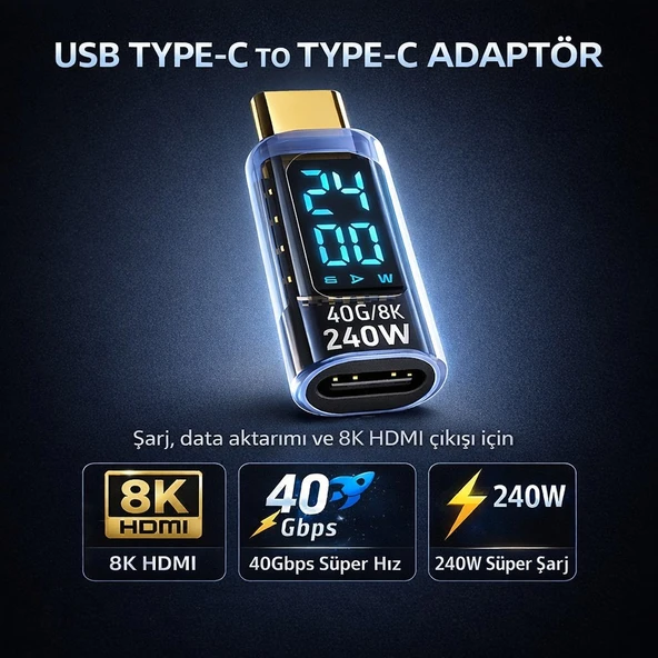 Polham 8K HDMİ, 40Gpbs ve 240W Süper Hızlı Dişi Type C to Erkek Type C Şarj, Data ve HDMİ Çevirici Adaptör ürün görseli 1