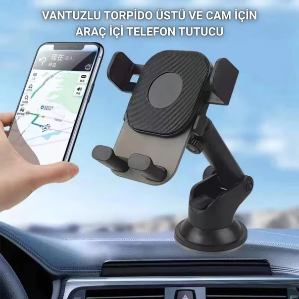 Polham Vantuzlu Torpido Üstü ve Cam için Araç İçi Telefon Tutucu, Teleskopik Ayarlanabilir Döner Başlık ürün görseli 1